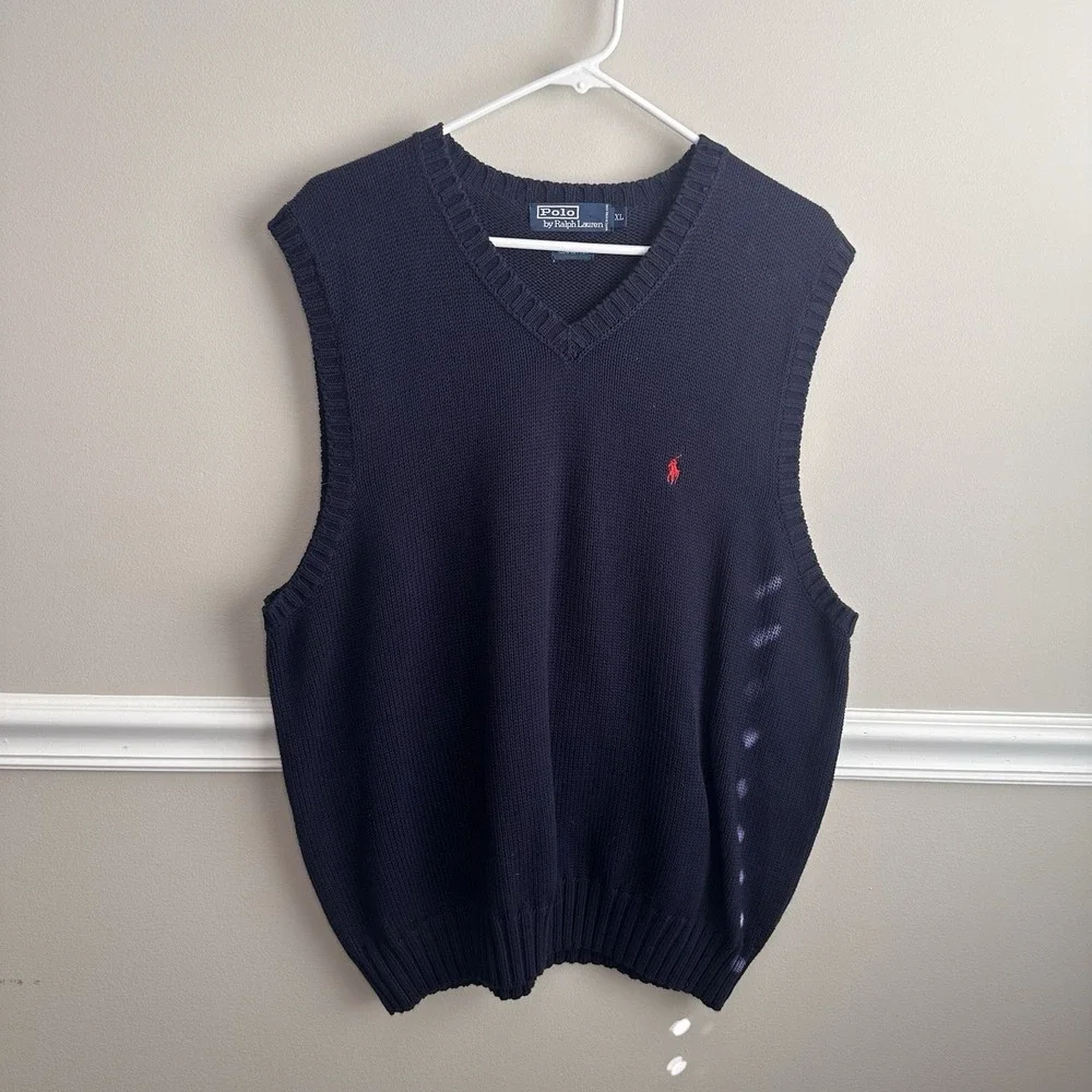 Vtg Polo Ralph Lauren Mens Sweater Vest XL Navy Blue Cotton Preppy Classic Retro